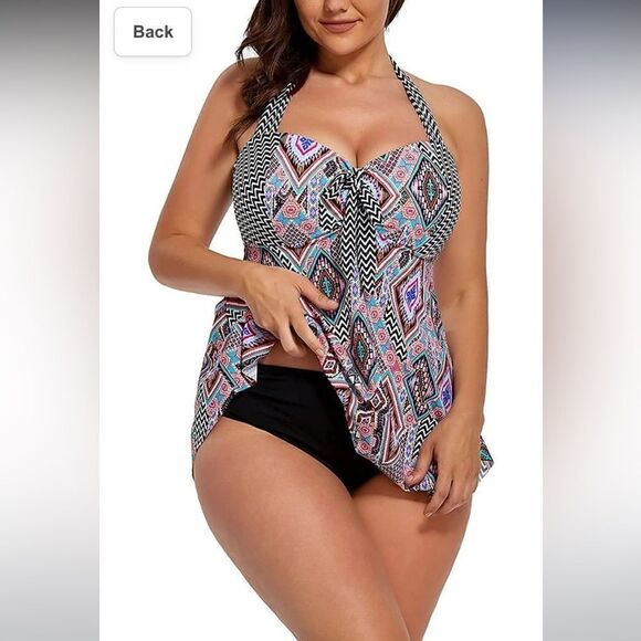 FULLFITALL Swimsuits Plus Size Tankini 2Piece Patchwork Open Back Printe… - Picture 1 of 16